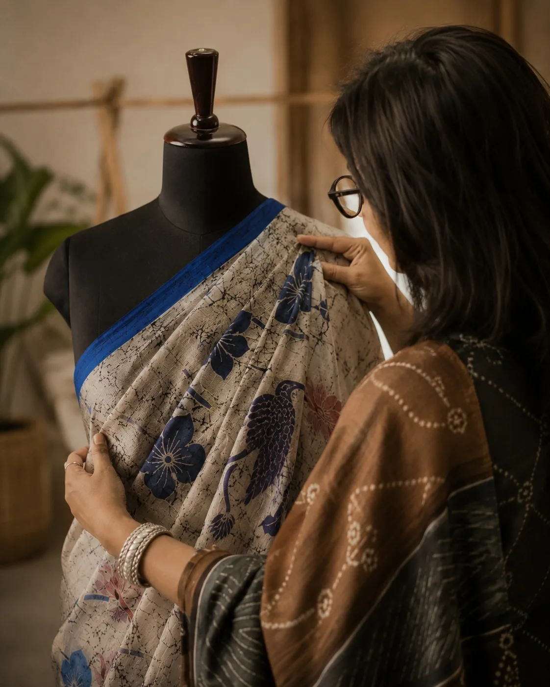 Naholi stylist draping a hand-batik saree during a bespoke studio consultation