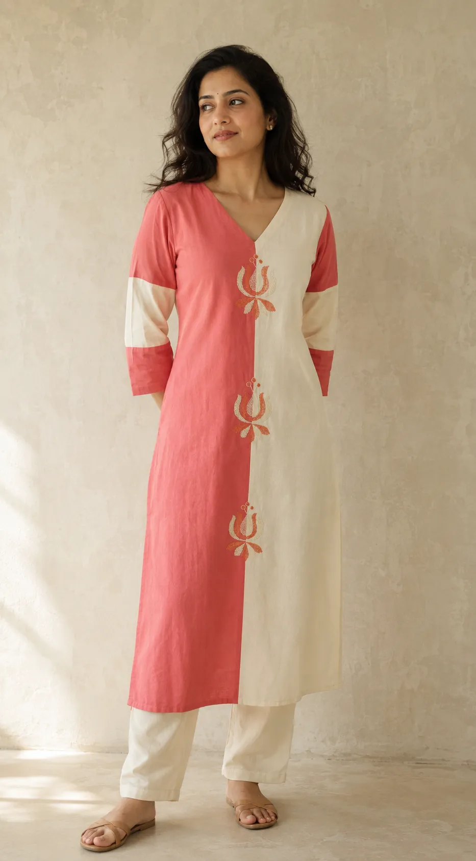 The Coral Colourblock Kurta — handloom Women's Kurta ready-to-wear by Naholi