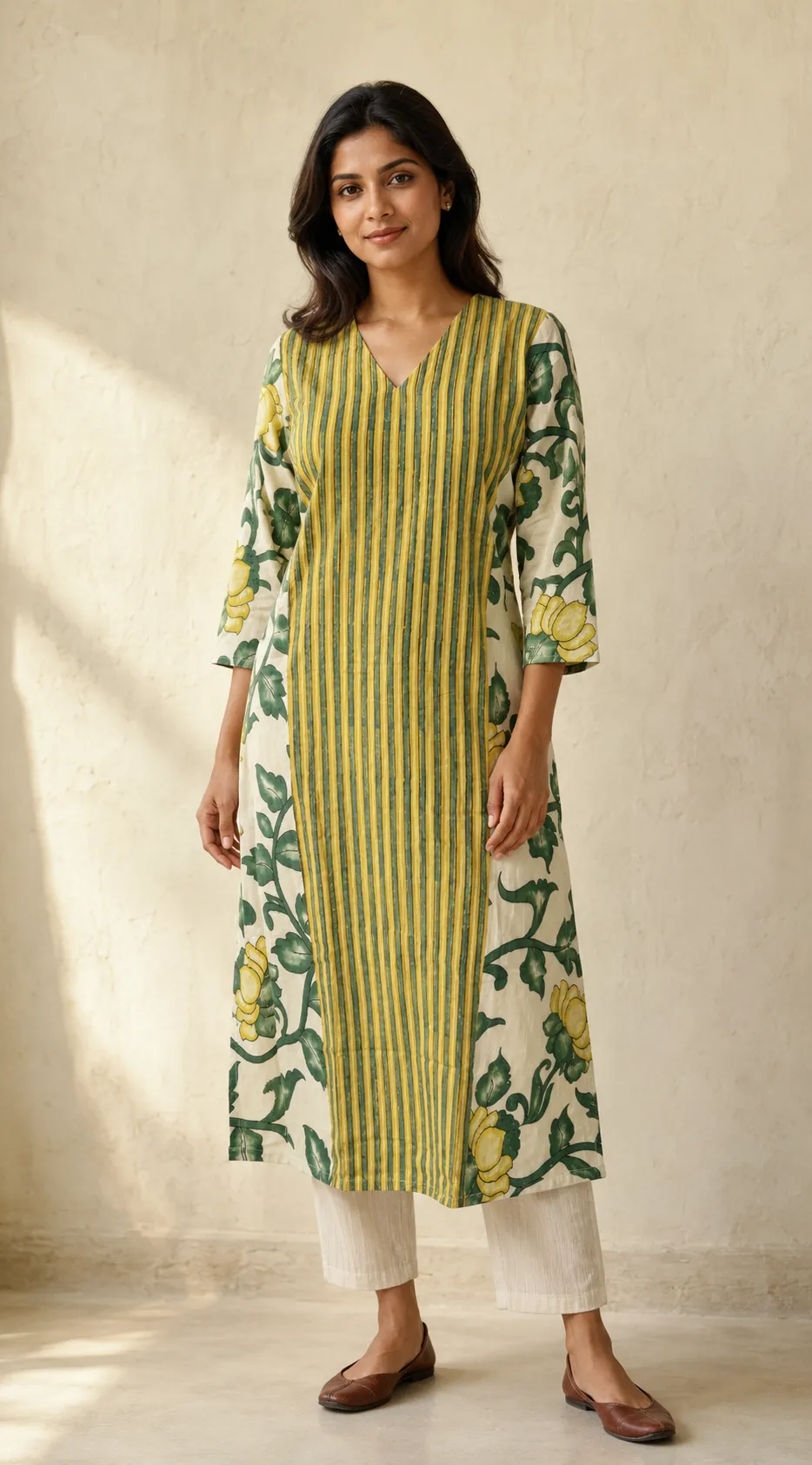 The Emerald Stripe Kalamkari Kurta — handloom Women's Kurta ready-to-wear by Naholi