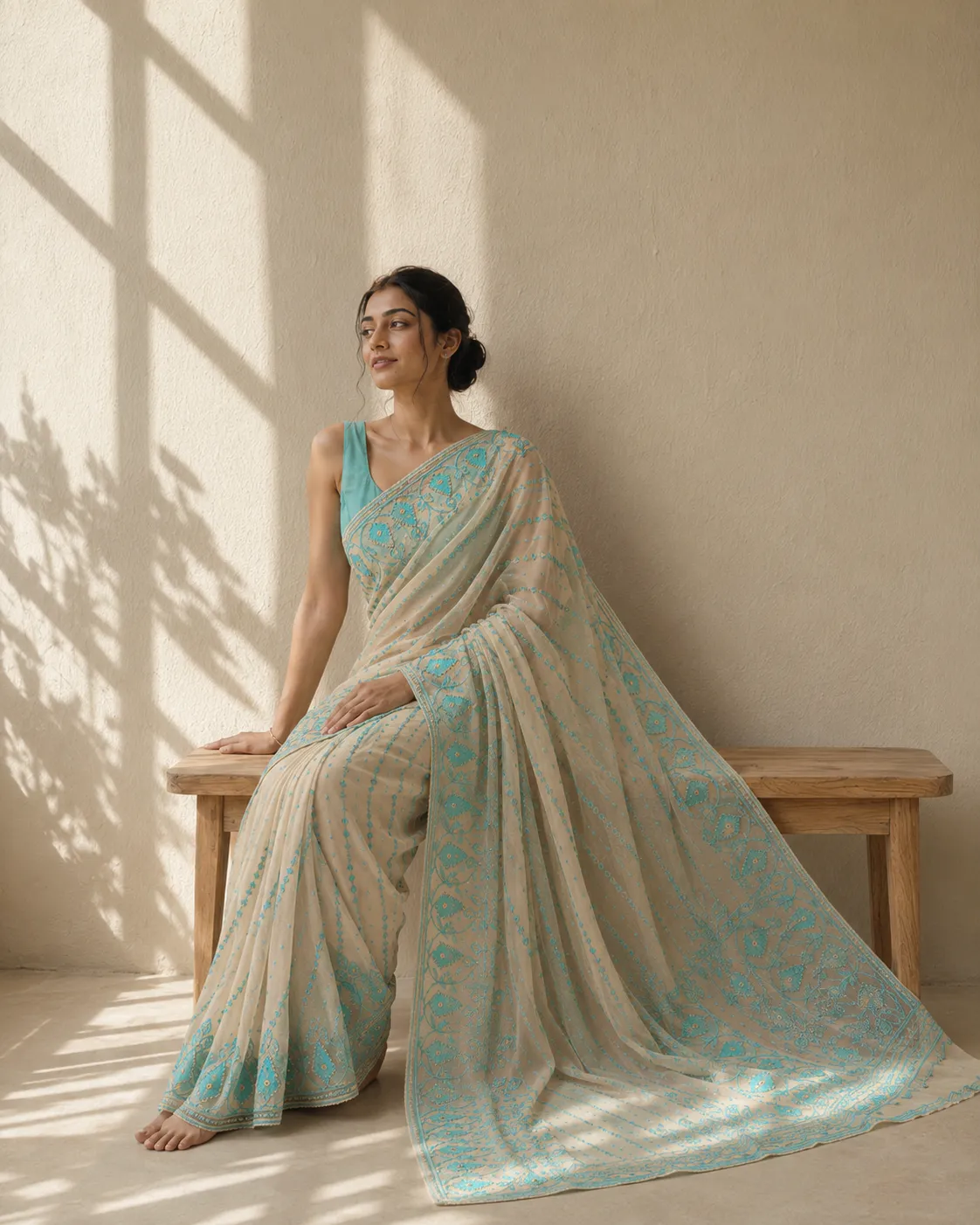 Aqua Mist Cutdana Jamdani Saree — handloom Cutdana Work Jamdani saree by Naholi