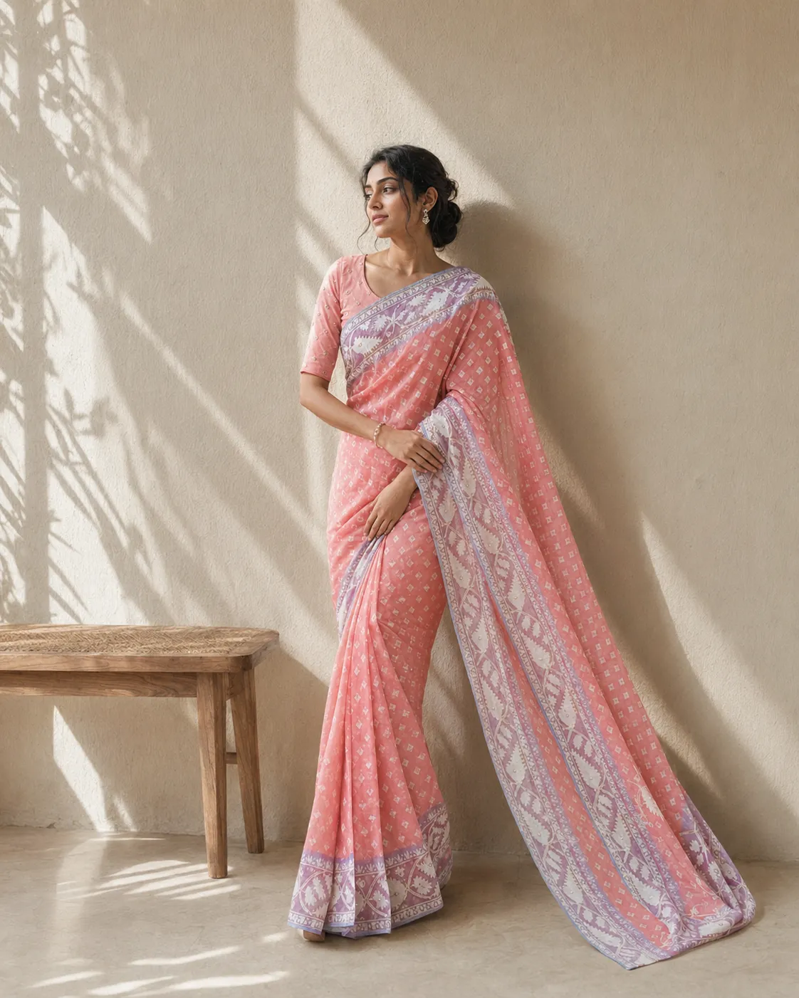 Coral Blush Cutdana Jamdani Saree — handloom Cutdana Work Jamdani saree by Naholi