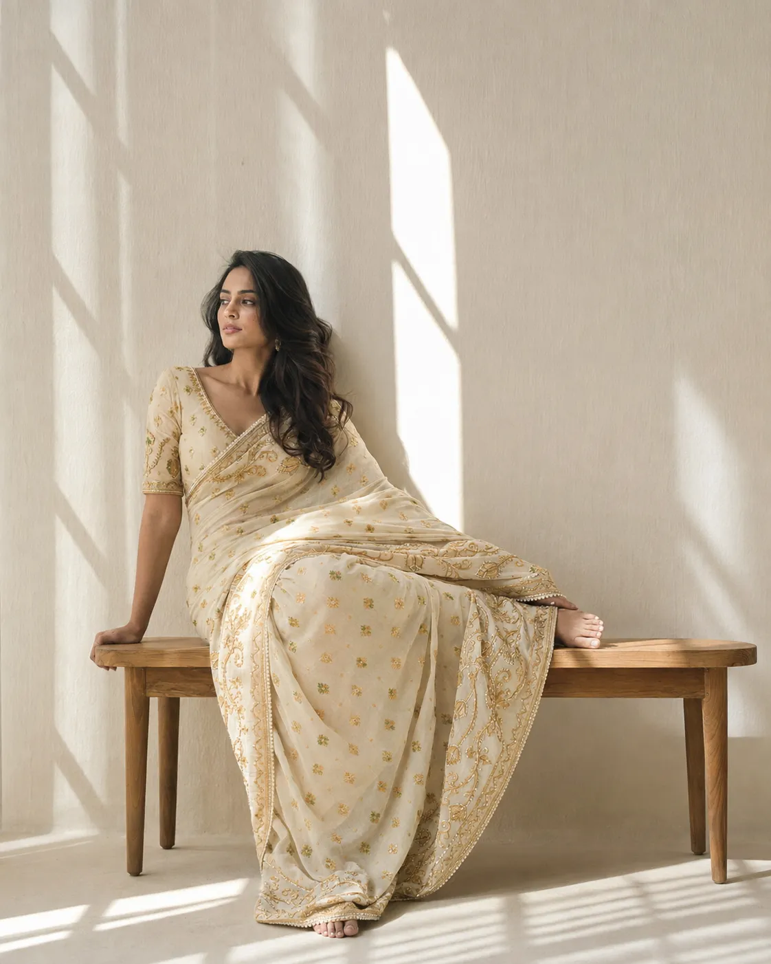 Ivory Gold Cutdana Jamdani Saree — handloom Cutdana Work Jamdani saree by Naholi
