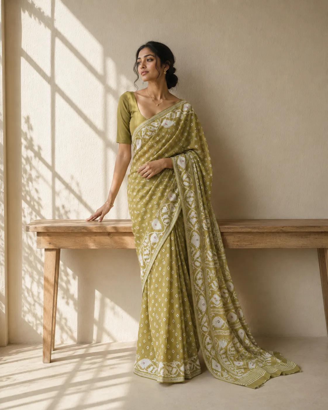 Olive Ivory Cutdana Jamdani Saree — handloom Cutdana Work Jamdani saree by Naholi