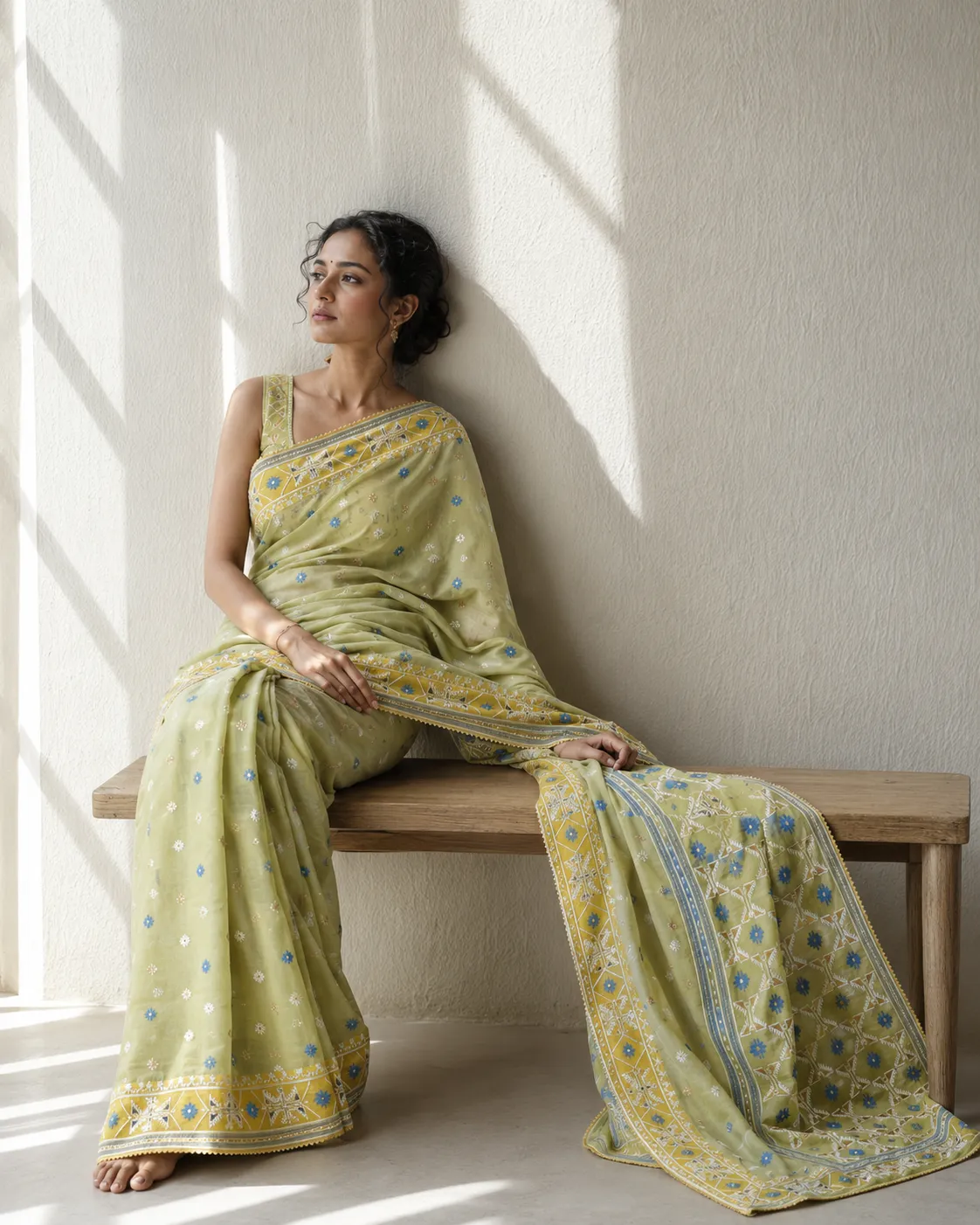 Sage Meadow Cutdana Jamdani Saree — handloom Cutdana Work Jamdani saree by Naholi