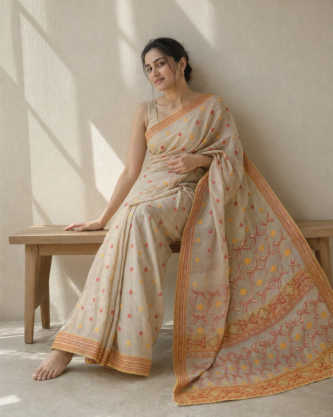 Wheat Ochre Cutdana Jamdani Saree — handloom Cutdana Work Jamdani saree by Naholi